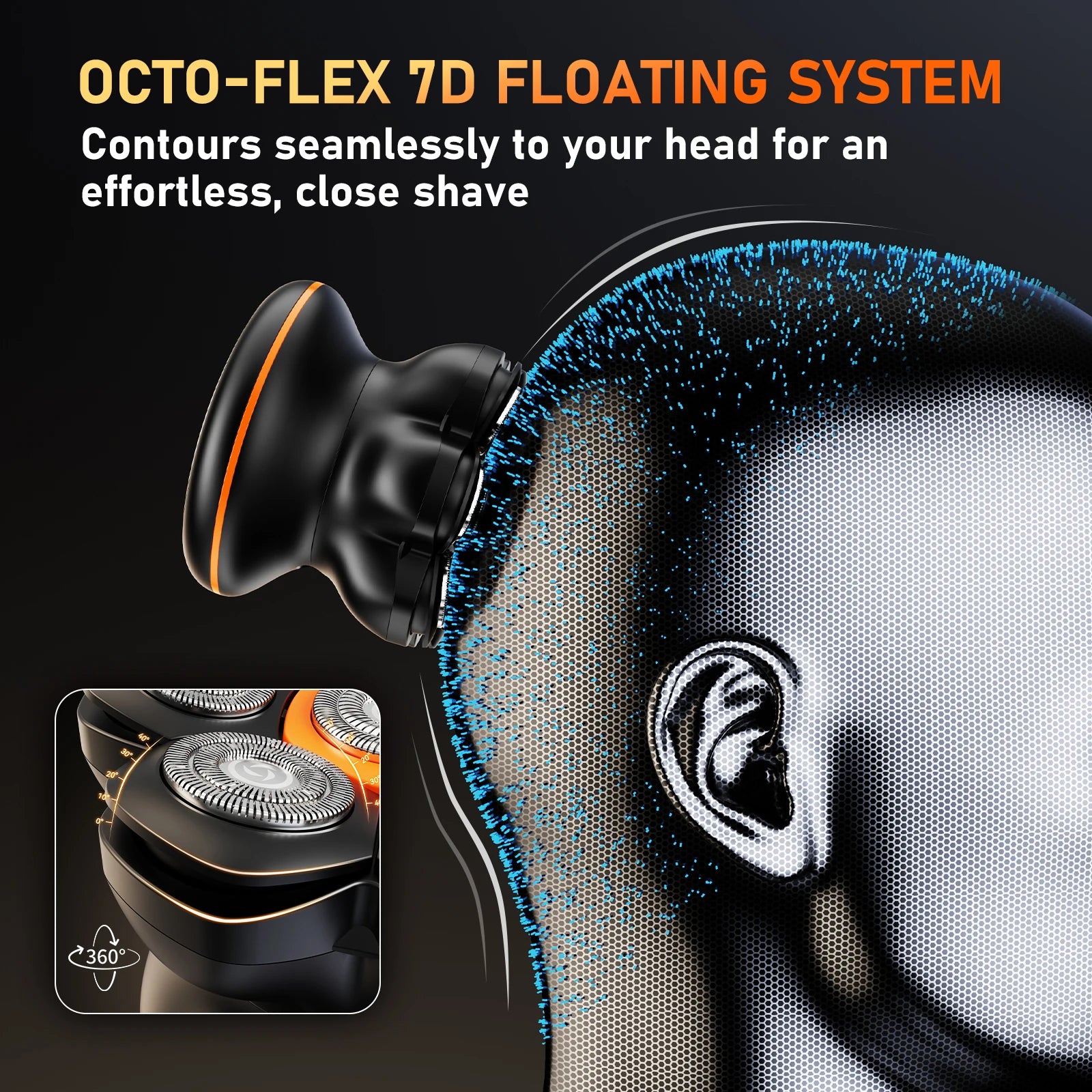 bald head shaver with 360 degree floating rotary heads that contour the scalp for a close smooth head shave