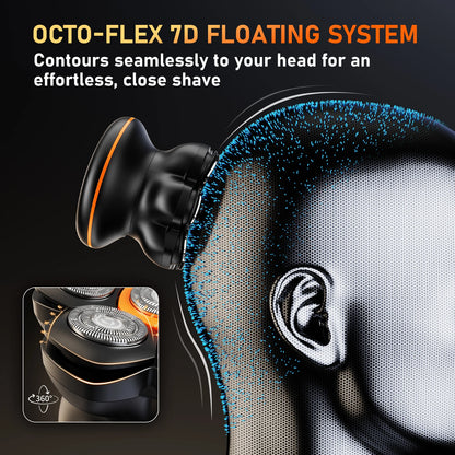 bald head shaver with 360 degree floating rotary heads that contour the scalp for a close smooth head shave
