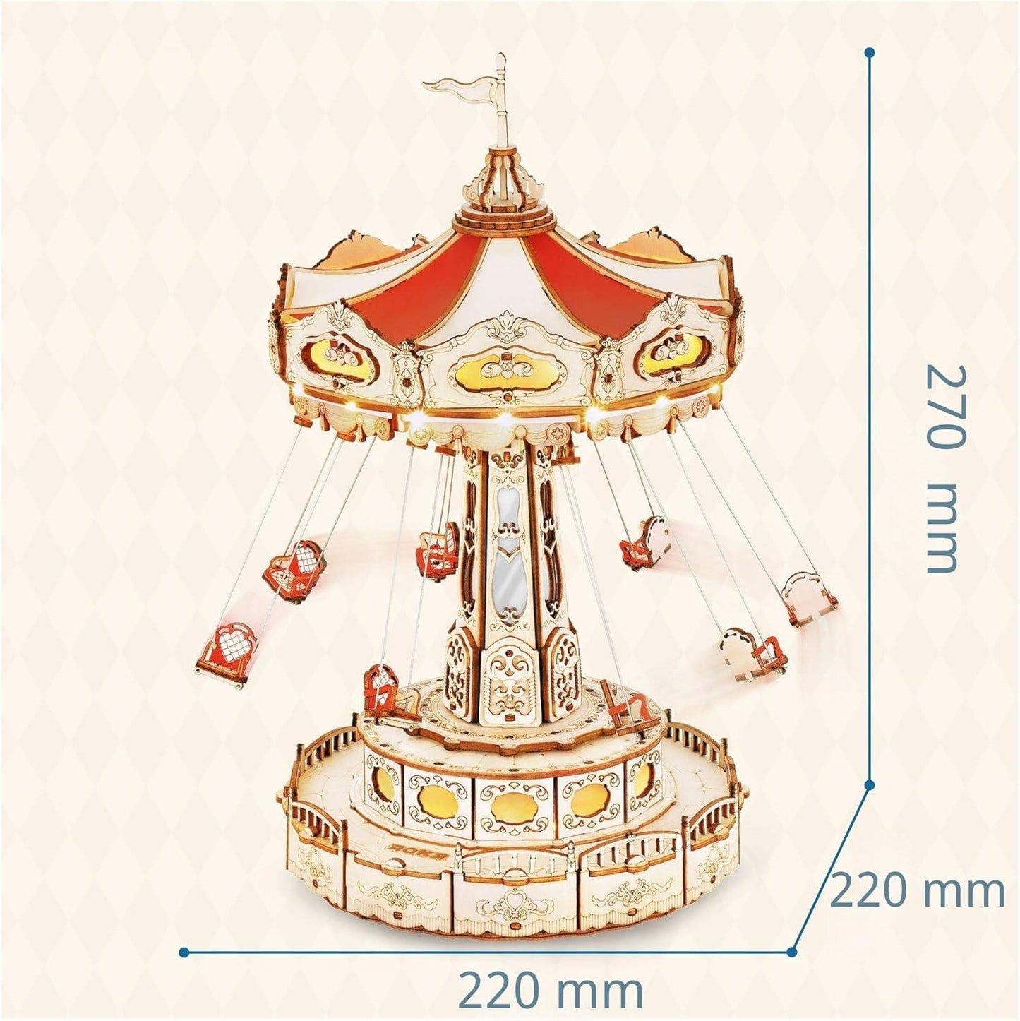 carousel music box dimensions 220 by 220 by 270 mm, desktop size wooden model for a shelf or side table