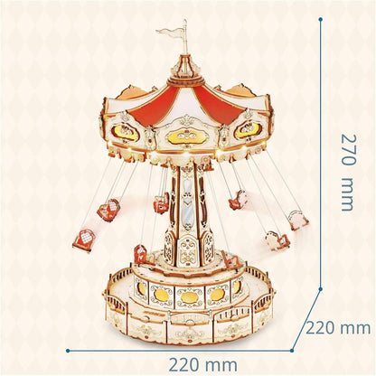 carousel music box dimensions 220 by 220 by 270 mm, desktop size wooden model for a shelf or side table