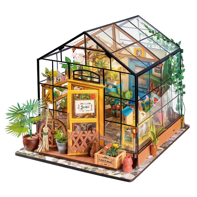 enchanted greenhouse garden diy miniature dollhouse kit with glass walls led lights and potted plants for adults