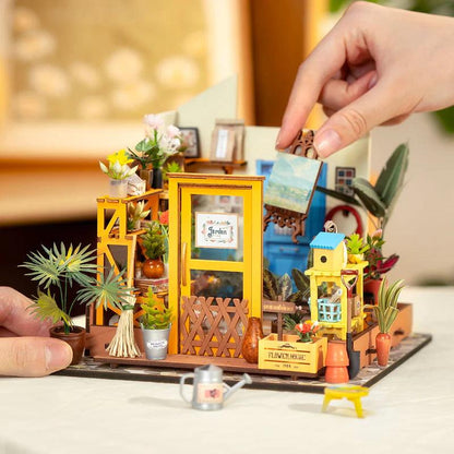 diy dollhouse greenhouse interior painting corner easel wooden flooring and tiny flower pots craft kit for adults