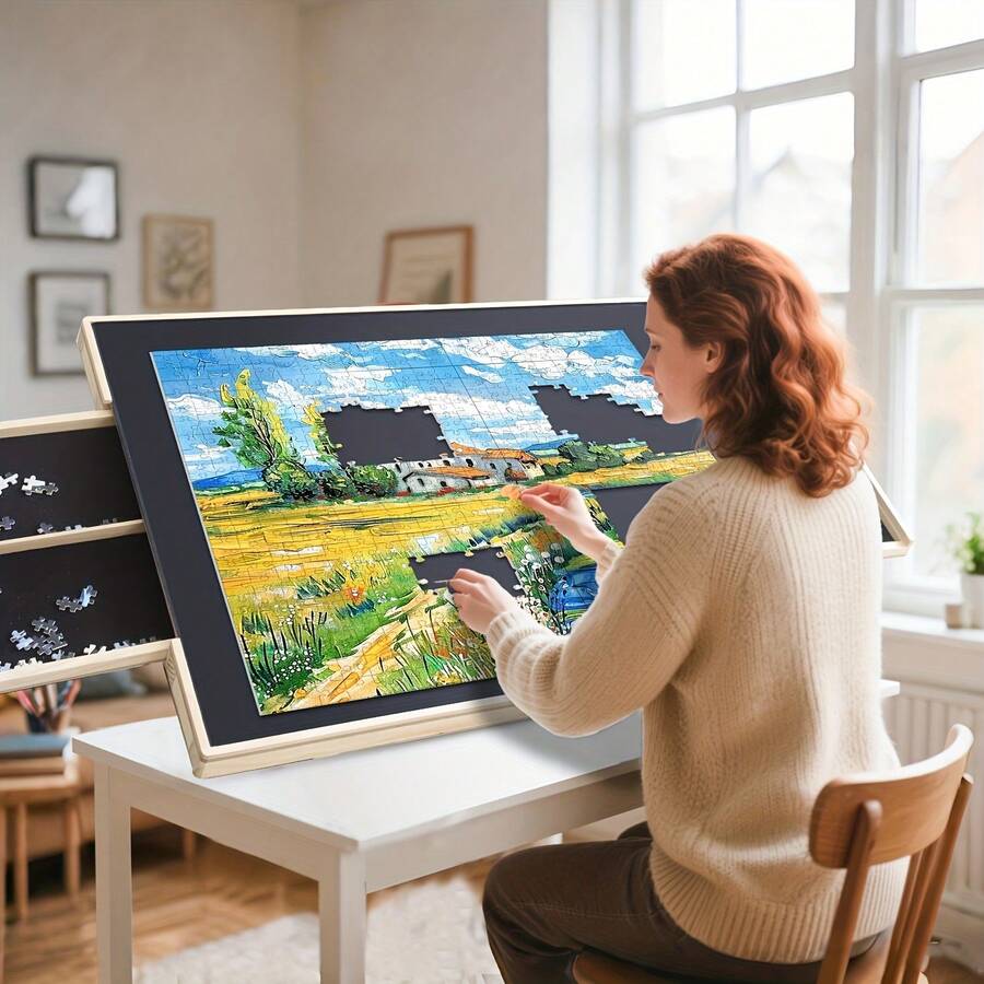Ergonomic 35 inch puzzle table tilted for comfortable jigsaw assembly with sorted piece storage drawers