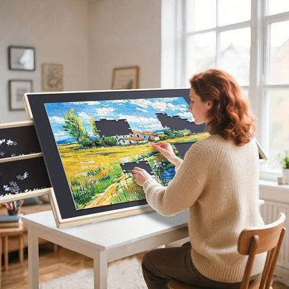 Ergonomic 35 inch puzzle table tilted for comfortable jigsaw assembly with sorted piece storage drawers
