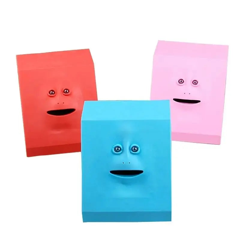 sensor activated piggy bank brick textured face money box compact size for nightstand kitchen counter saving challenge blue – Red, Blue, Pink