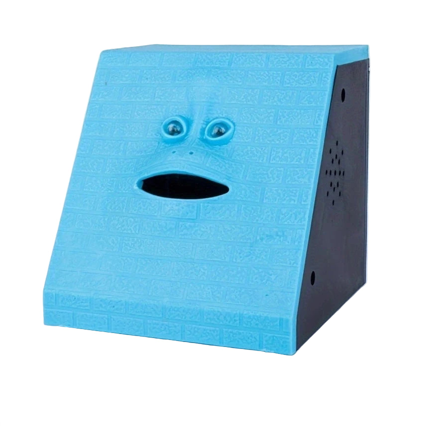 Blue wedge-shaped object with facial features on a white background