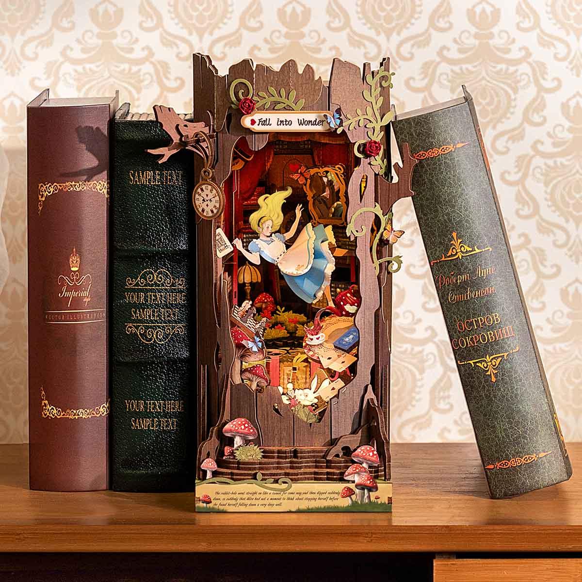 book nook bookshelf insert slotted between hardback novels as reading corner decor and gift for book lovers