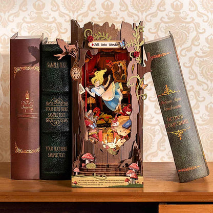 book nook bookshelf insert slotted between hardback novels as reading corner decor and gift for book lovers