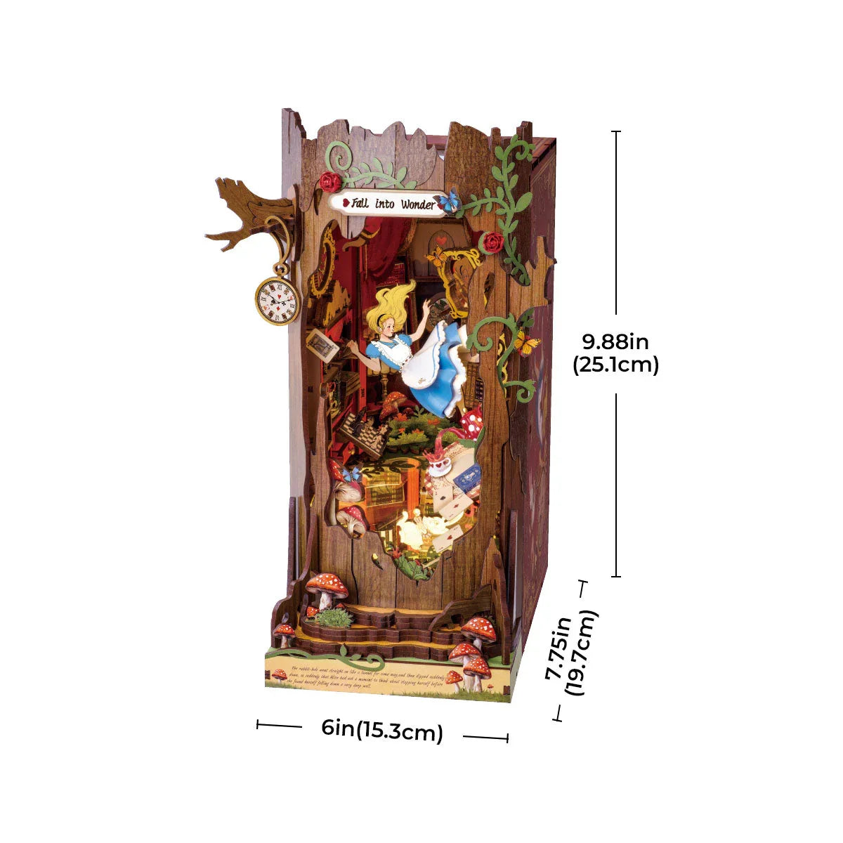 book nook size guide 9.88 by 7.75 by 6 inch wooden miniature that fits a standard bookcase shelf gap