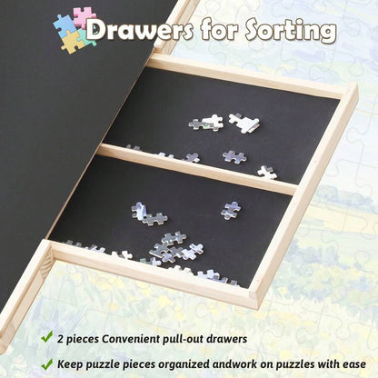Felt puzzle board sorting drawers close up showing 4 pull out trays for organized jigsaw piece storage