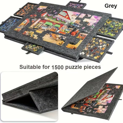 Felt puzzle board with vertical fold storage and 6 sorting drawers for jigsaw puzzles – Dark Gray,