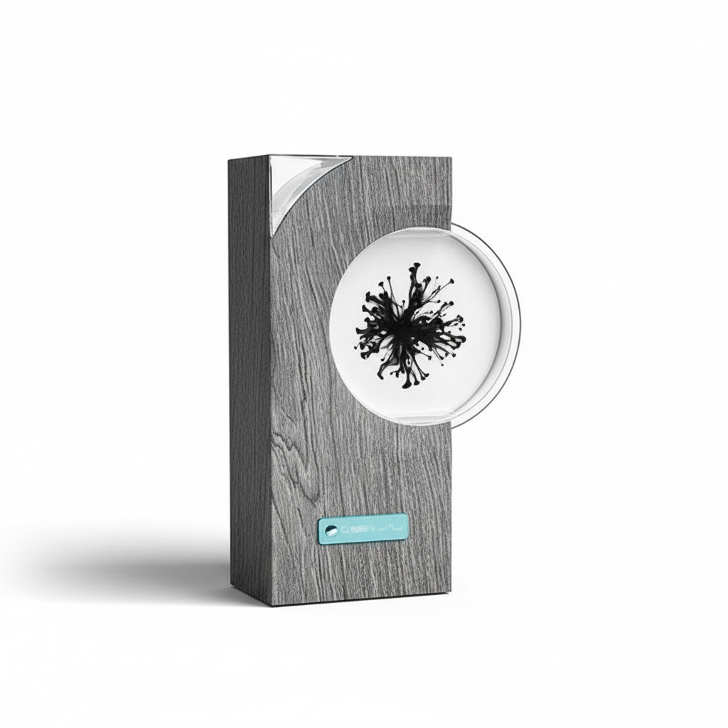 magnetic fluid lamp audio reactive sound visualizer with wood grain abs shell for hi fi shelf and music studio – Gray, Tan