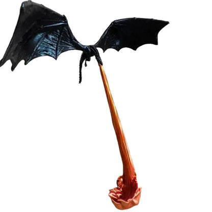 fire breathing dragon book nook ornament, black winged dragon with an orange flame column, 3d printed bookshelf decor