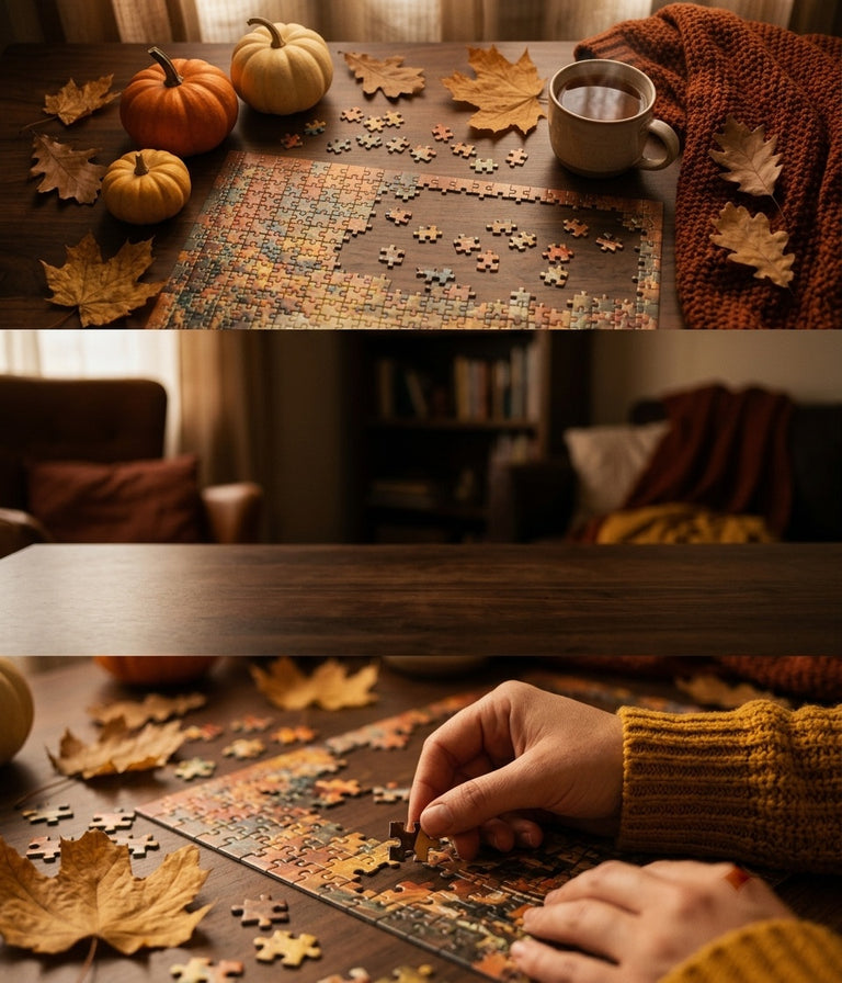 Fall puzzle sale, cozy autumn jigsaw puzzle scene with pumpkins, candle and golden maple leaves