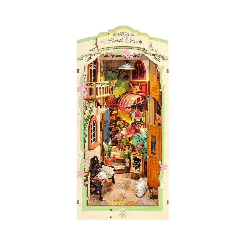 flower book nook kit with warm LED garden light florist shop bookshelf insert diorama for adults craft gift idea