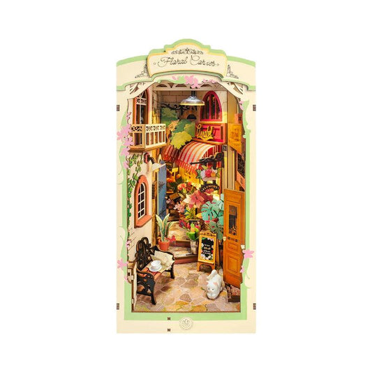 flower book nook kit with warm LED garden light florist shop bookshelf insert diorama for adults craft gift idea