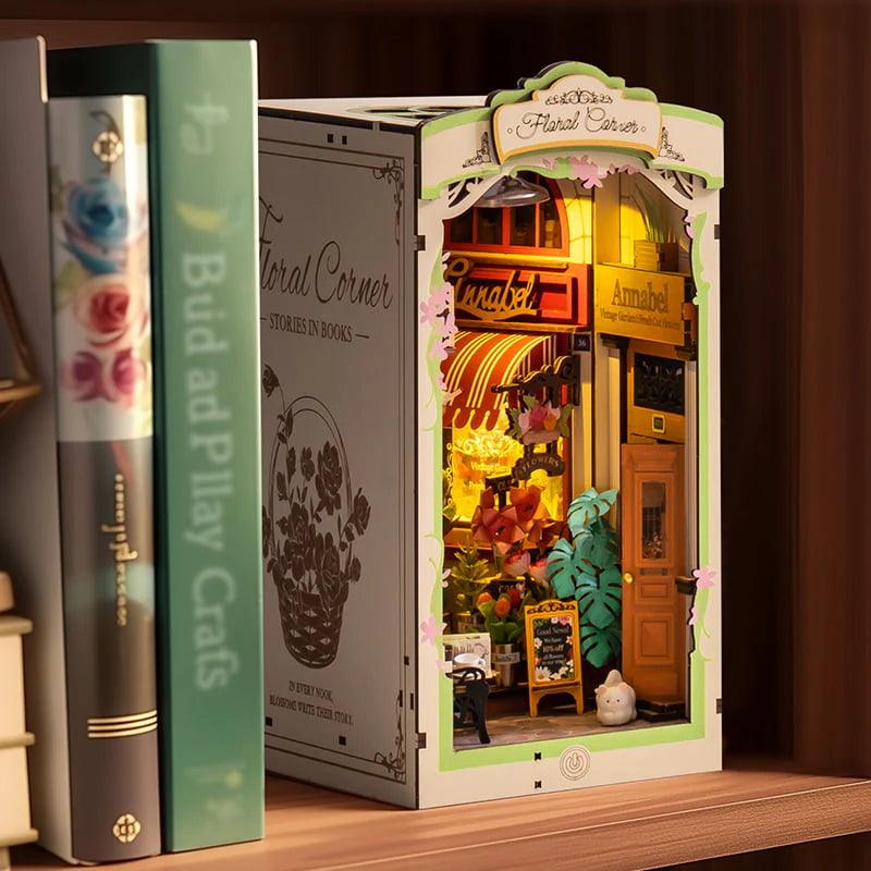 flower shop book nook diorama with tiny bouquets and planters wooden model kit for shelf display craft gift idea