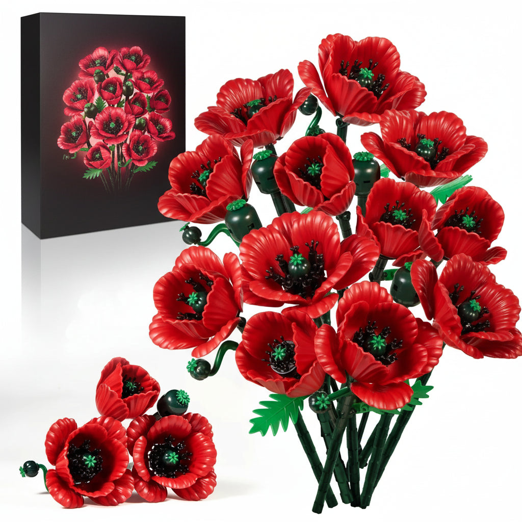 Flower building blocks bouquet set by Puzzloria with Red Poppy Bouquet for home decor