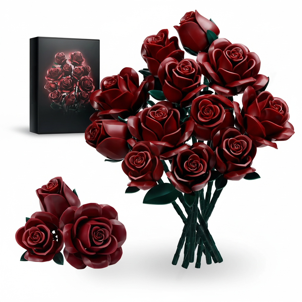 Flower building blocks bouquet set by Puzzloria with Burgundy Roses Bouquet for home decor