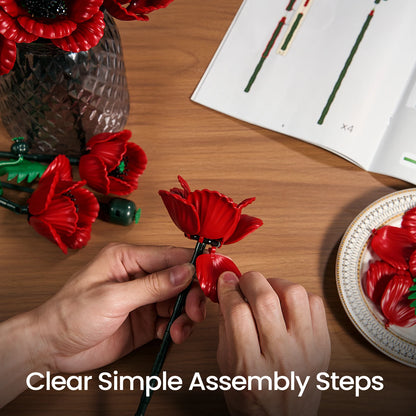 Flower building blocks bouquet set by Puzzloria with Red Poppy Bouquet for home decor