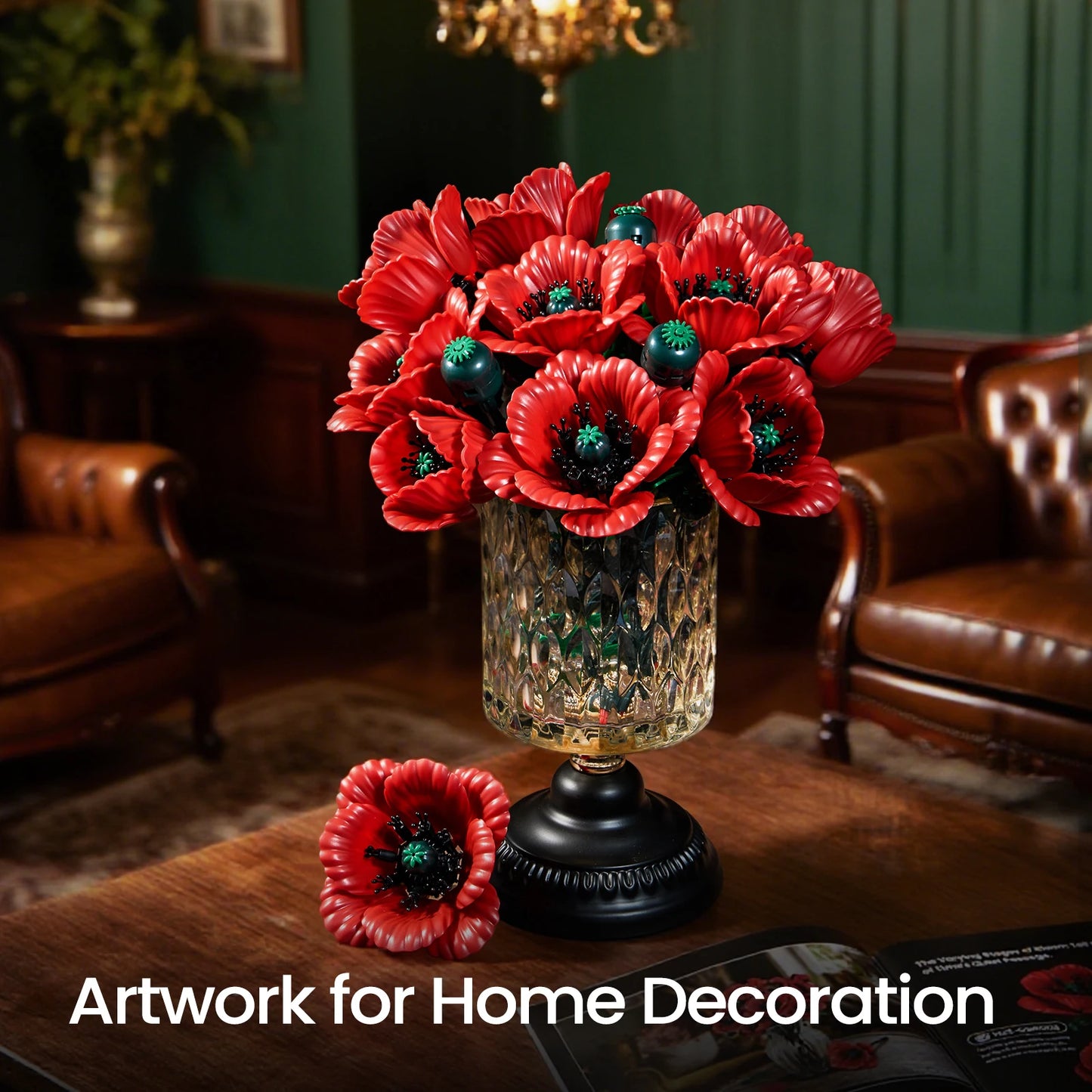 Flower building blocks bouquet set by Puzzloria with Red Poppy Bouquet for home decor