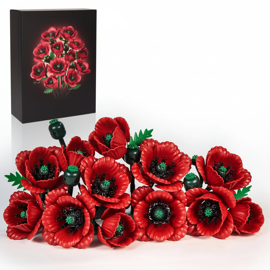 Flower building blocks bouquet set by Puzzloria with Red Poppy Bouquet for home decor