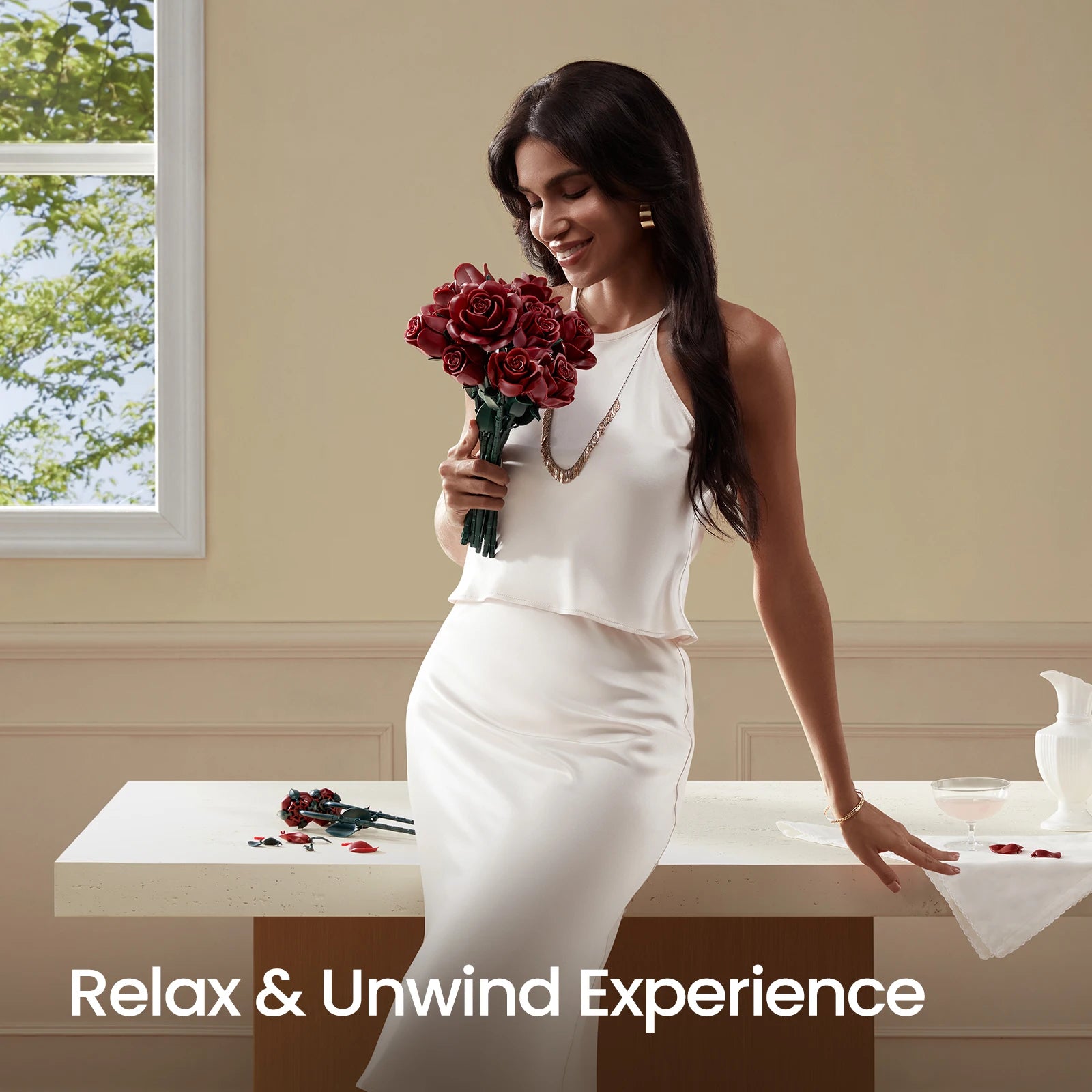 Flower building blocks bouquet set by Puzzloria with Burgundy Roses Bouquet for home decor