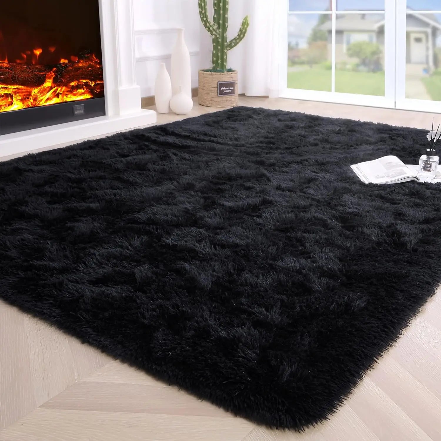 black shag area rug close-up plush high pile fluffy carpet for cozy bedroom — SKU_1764527736109_794, SKU_1764527736109_298, SKU_1764527736109_873