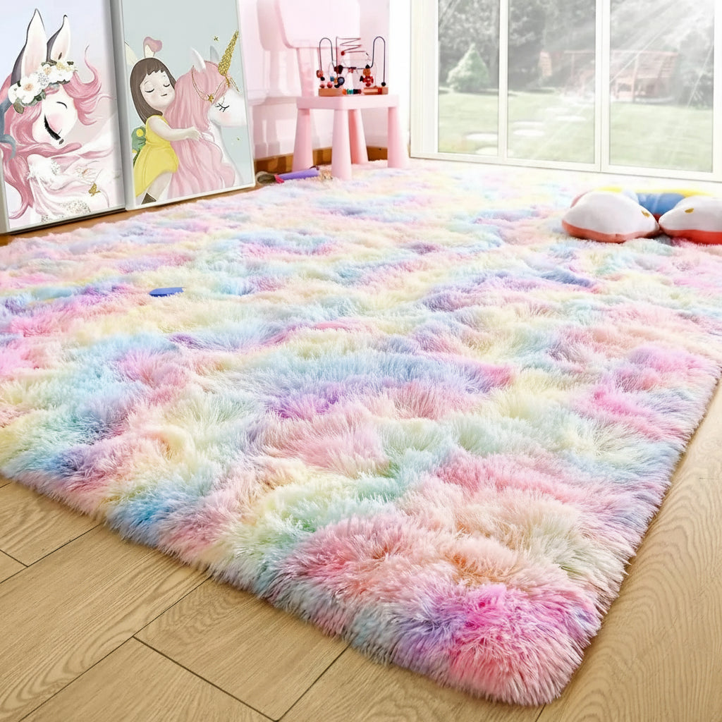 Child and dog on a colorful fluffy rug in a room with toys and decor.