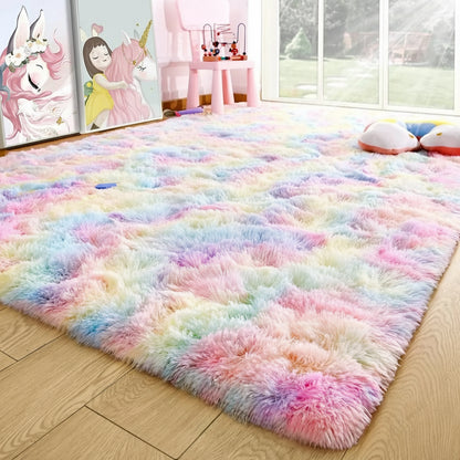 Child and dog on a colorful fluffy rug in a room with toys and decor.