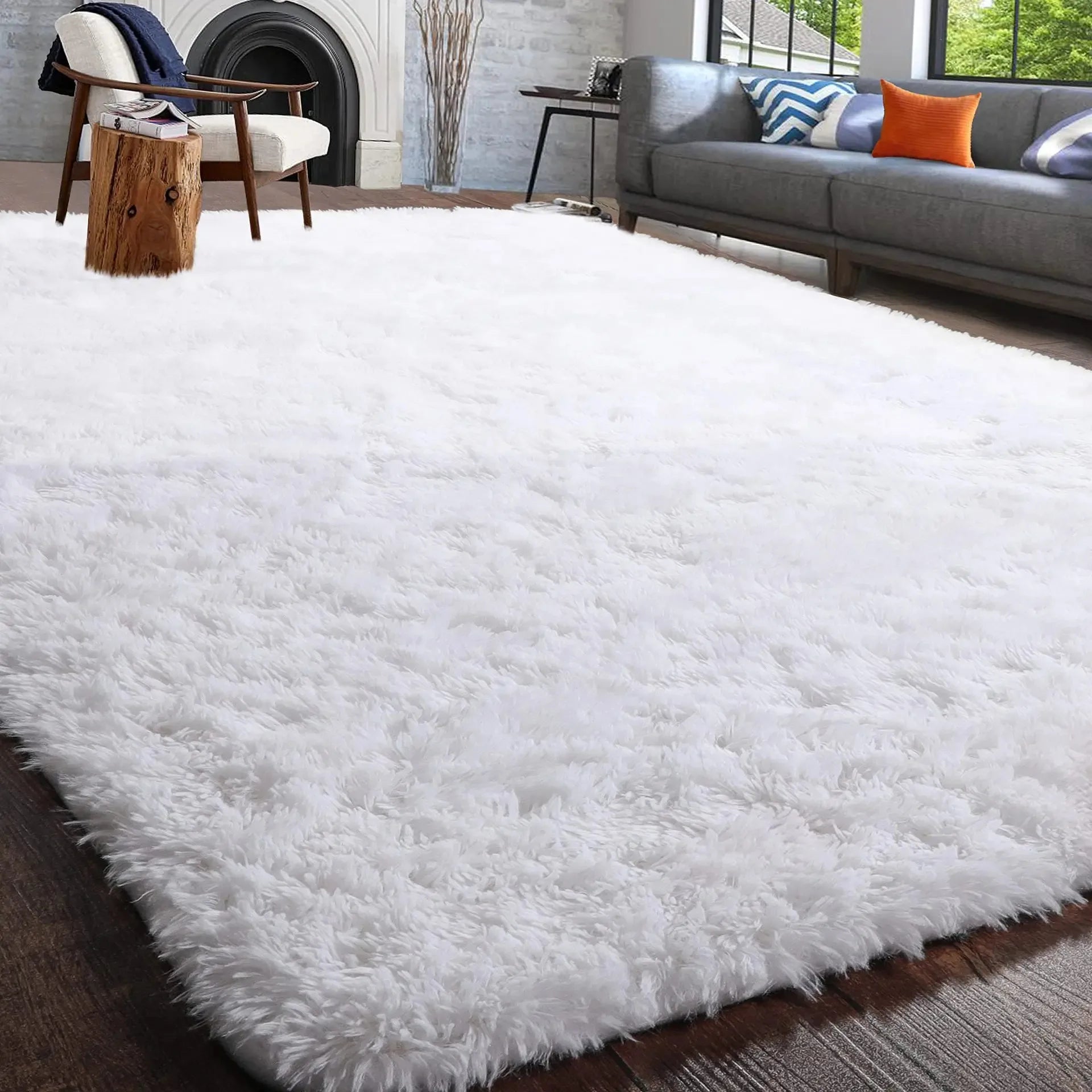 white shag area rug with pillows plush fluffy soft carpet for cozy bedroom — SKU_1764527736109_43, SKU_1764527736109_780, SKU_1764527736109_707