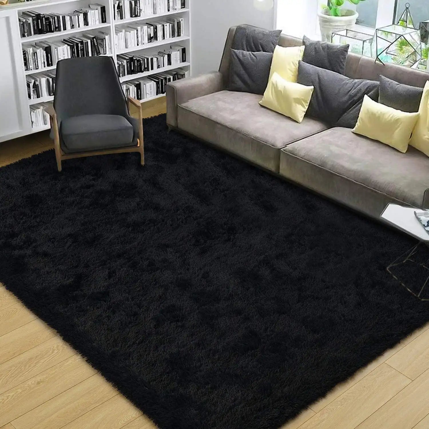 Living room with a black rug, Puzzloria Fluffy Shag Area Rug Cozy Home Decor Plush Carpet