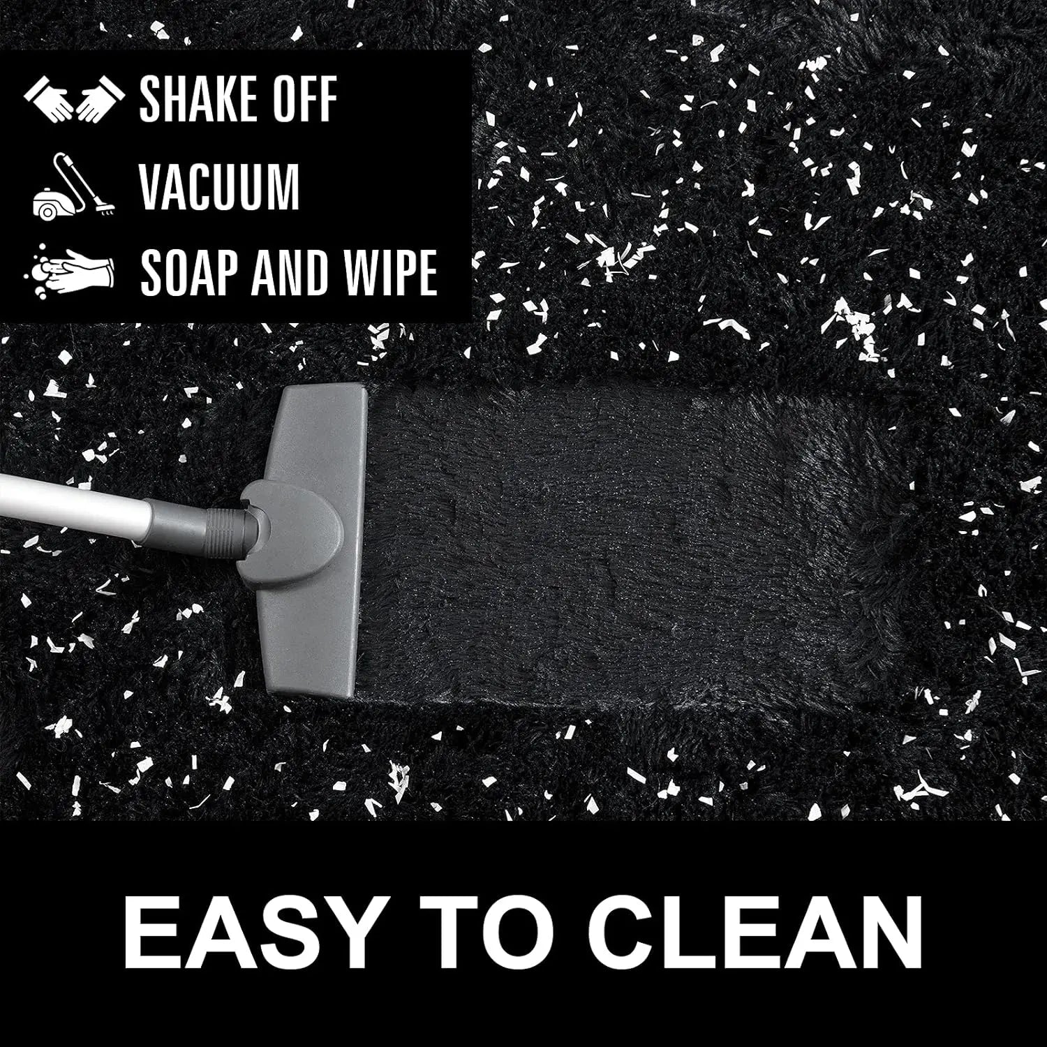 Cleaning process with a brush on a black surface with white specks, labeled 'Shake Off', 'Vacuum', 'Soap and Wipe'.