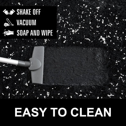 Cleaning process with a brush on a black surface with white specks, labeled 'Shake Off', 'Vacuum', 'Soap and Wipe'.