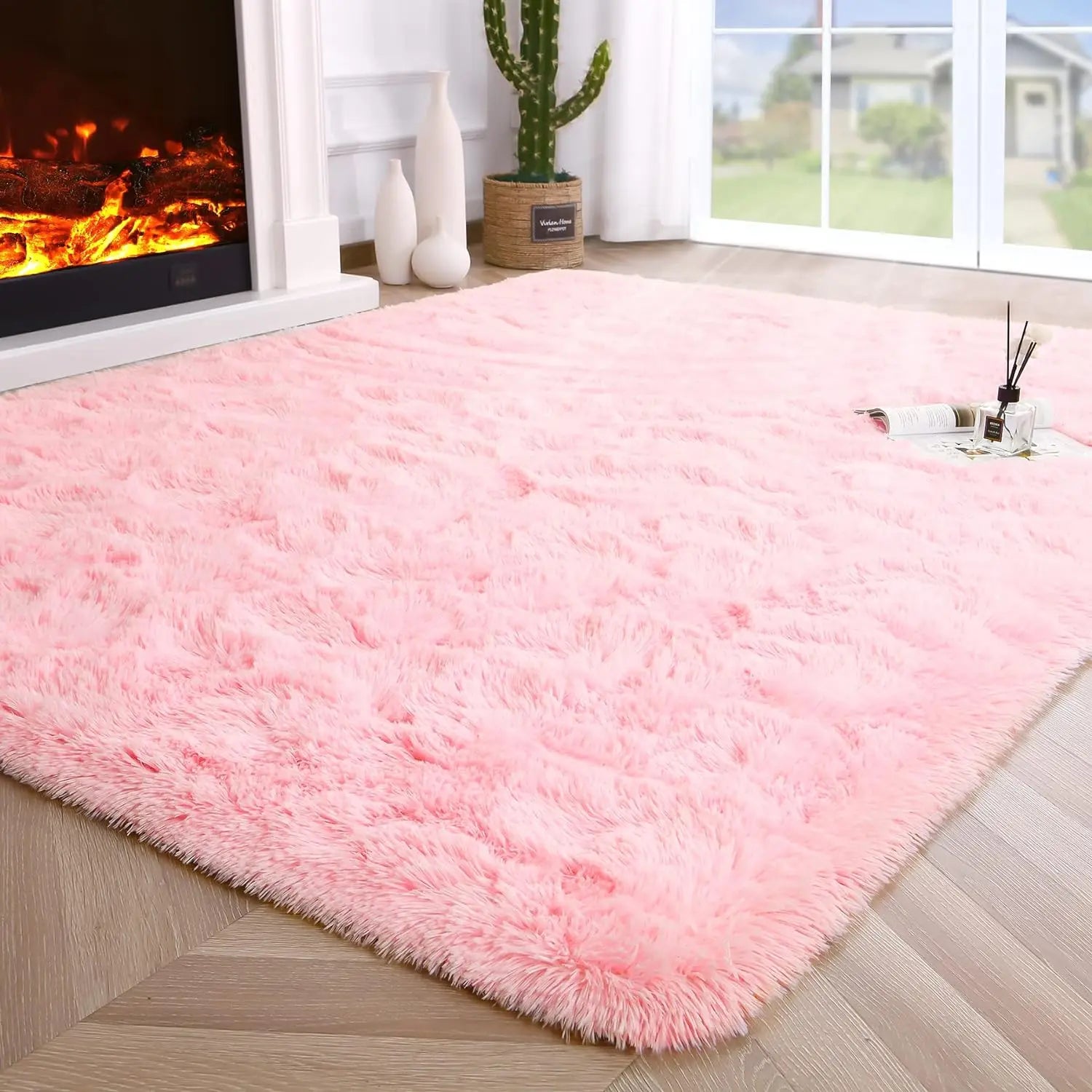 pink shag area rug close-up plush fluffy high pile carpet for bedroom nursery — SKU_1764527736109_46, SKU_1764527736109_612, SKU_1764527736109_312