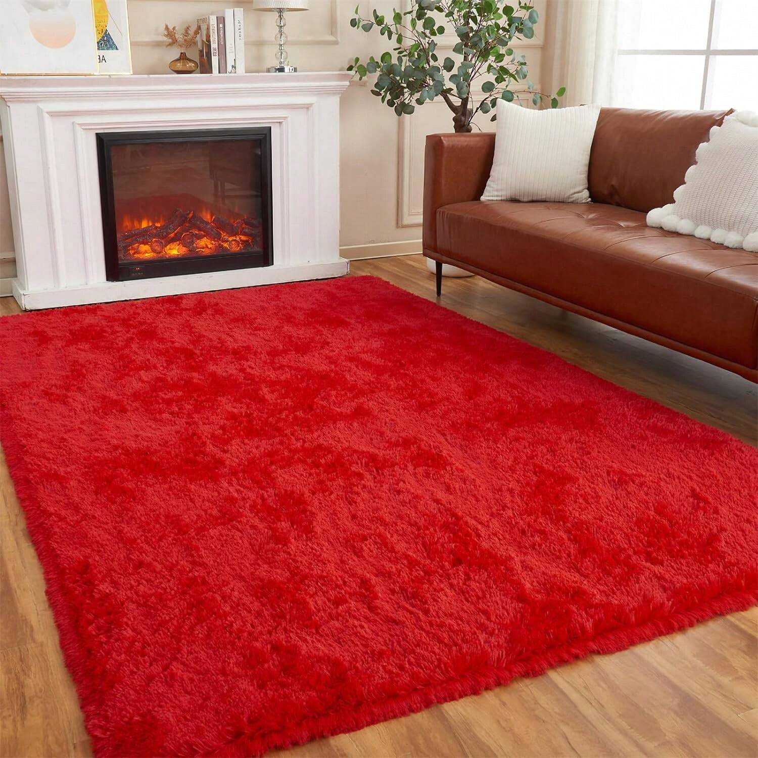 red shag area rug close-up plush high pile fluffy carpet for kids girls bedroom — SKU_1764527736109_R46, SKU_1764527736109_R57, SKU_1764527736109_R810
