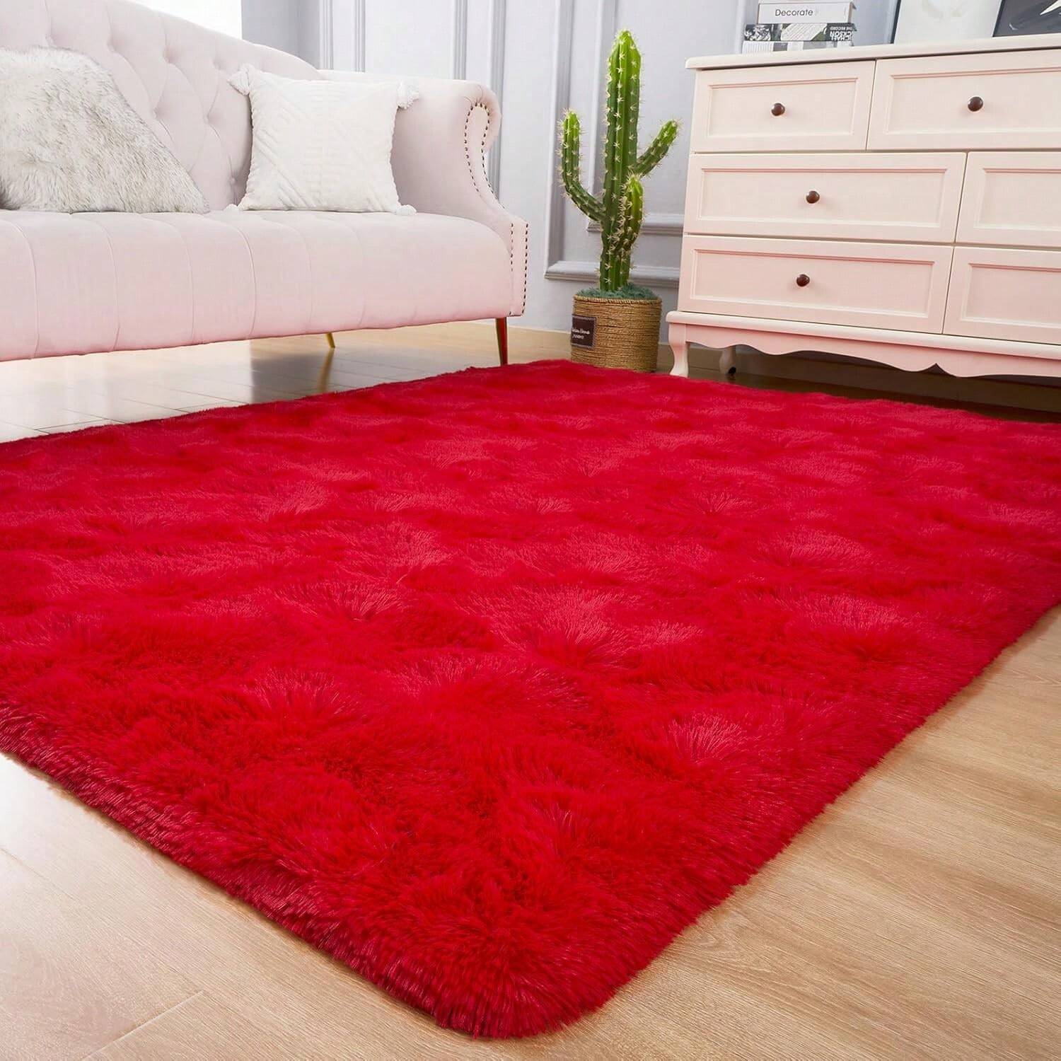 red shag area rug in girls bedroom plush fluffy carpet for kids nursery decor — SKU_1764527736109_R46, SKU_1764527736109_R57, SKU_1764527736109_R810