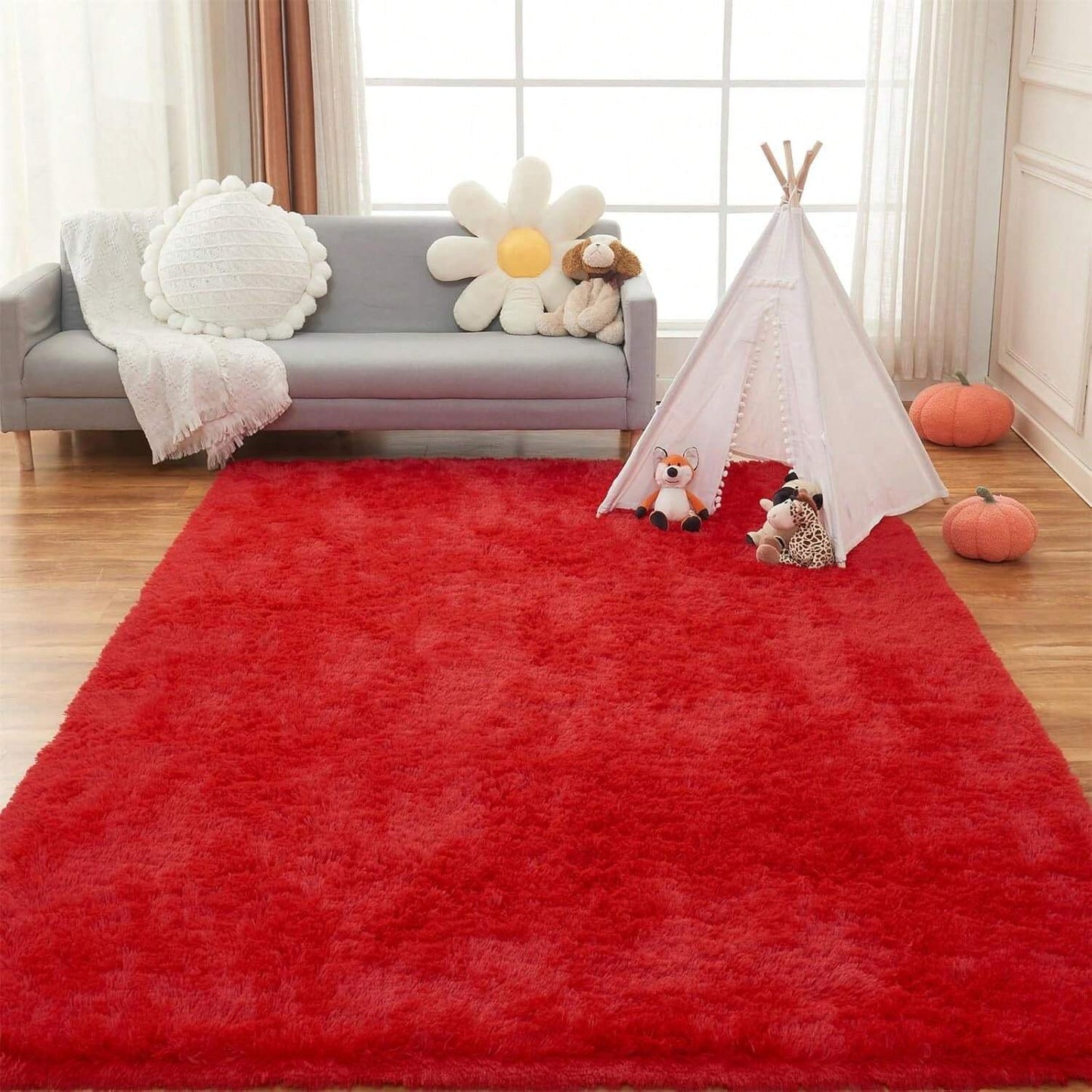 red plush shag rug for kids room high pile soft fluffy carpet bedroom accent — SKU_1764527736109_R46, SKU_1764527736109_R57, SKU_1764527736109_R810