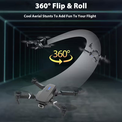 Drone performing 360-degree flips and rolls with text on a dark background