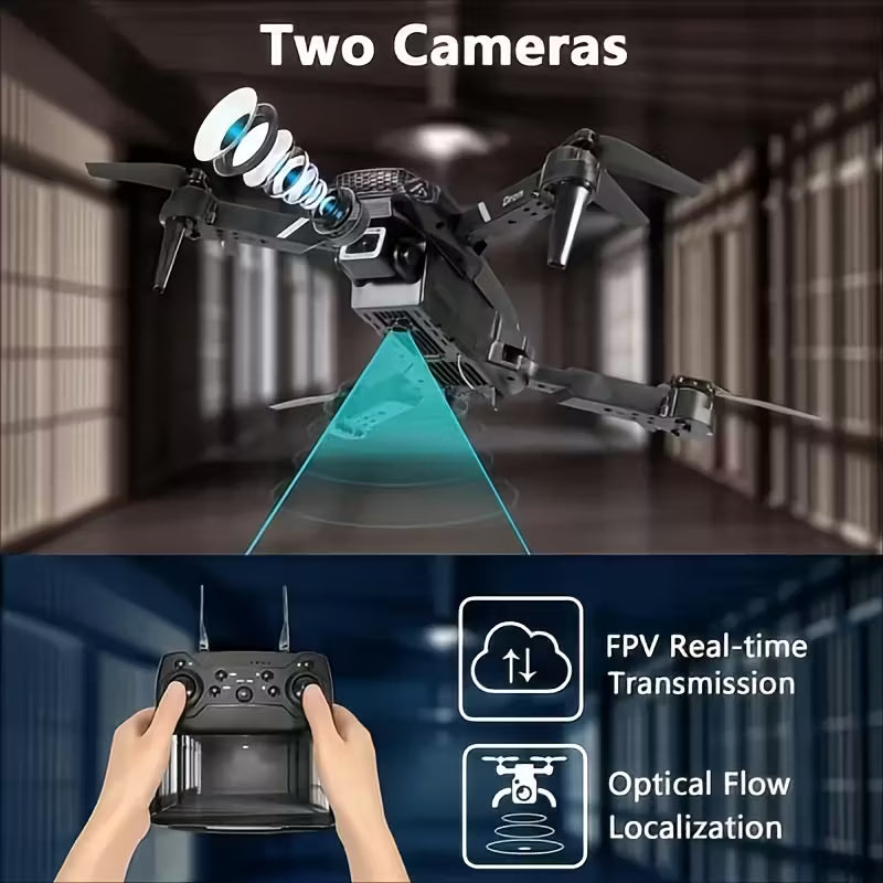 Drone with two cameras and FPV real-time transmission features, set against a blurred indoor background.