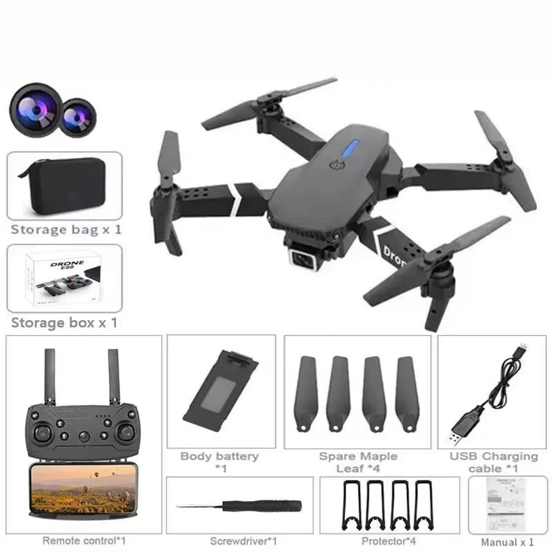 Drone with accessories including remote control, storage bag, and parts on a white background