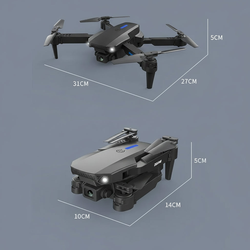 Two views of a drone with dimensions Foldable RC Drone 4K Camera WiFi FPV Quadcopter with Carrying Case for Beginners