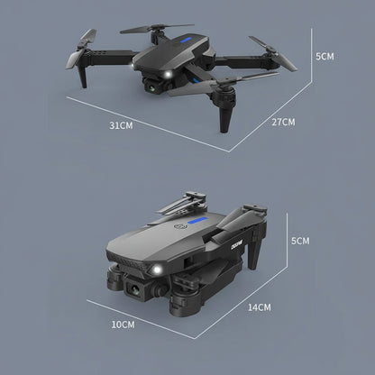 Two views of a drone with dimensions Foldable RC Drone 4K Camera WiFi FPV Quadcopter with Carrying Case for Beginners