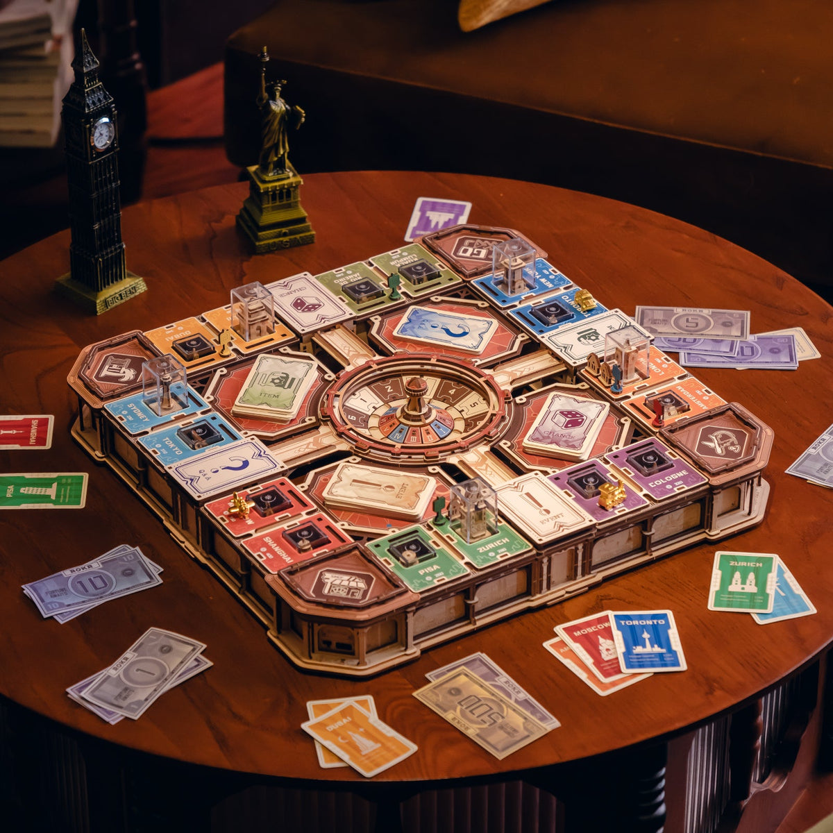 world cities property board game with 16 light-up landmarks, wooden tabletop game and living room display piece