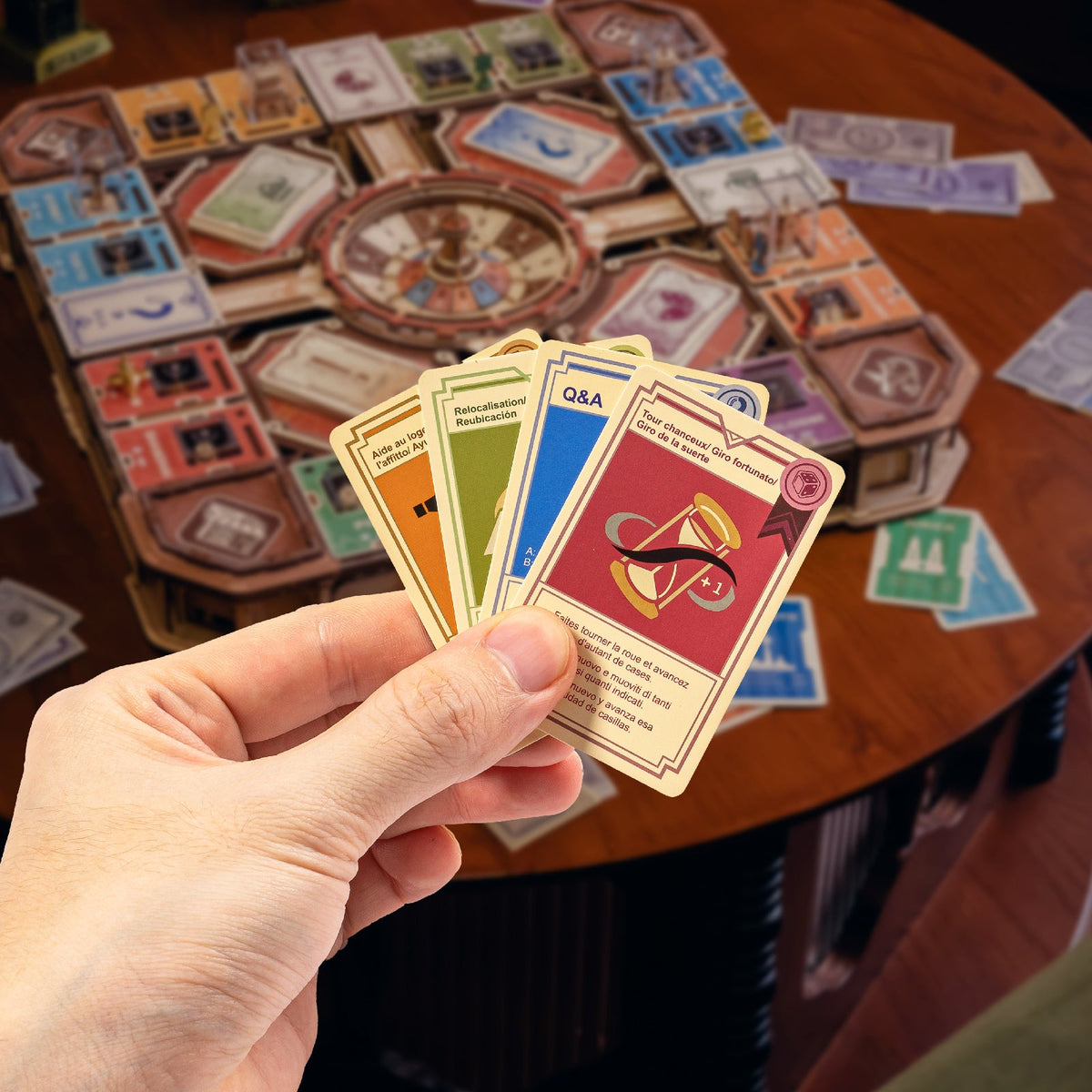board game gift for puzzle fans with 92 full color game cards and 210 banknotes on a buildable wooden 3d game board