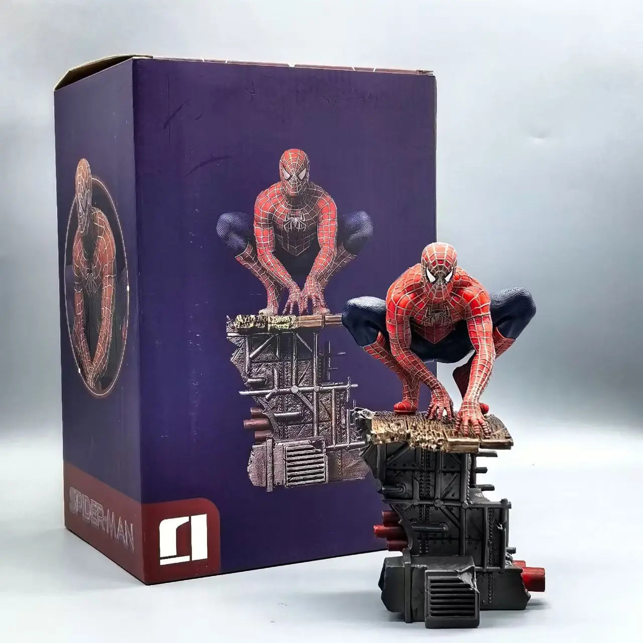 friendly neighborhood spider man statue crouched on a girder with its collector gift box, marvel present for him, Friendly Neighborhood Suit