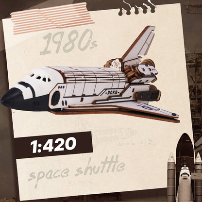3D wooden space shuttle puzzle with LED lights and mechanical launch pad features