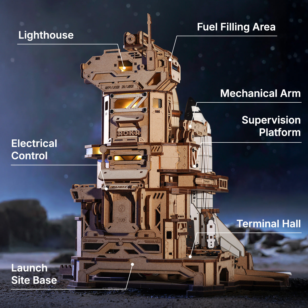 3D wooden space shuttle puzzle with LED lights and mechanical launch pad features