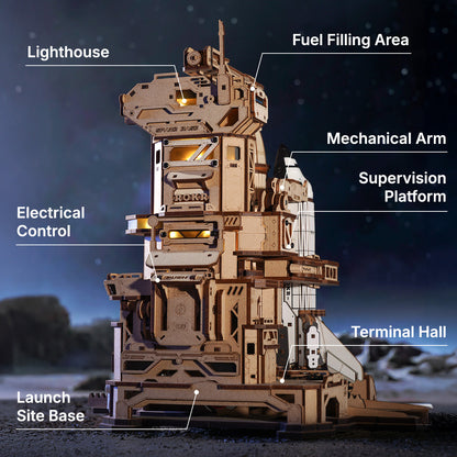 3D wooden space shuttle puzzle with LED lights and mechanical launch pad features