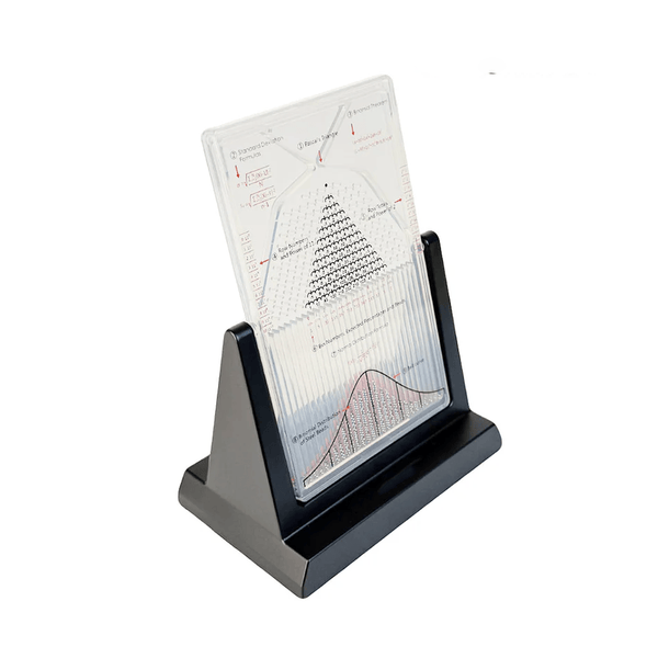 galton board probability demonstrator with bell curve, binomial distribution and Pascal's triangle on clear acrylic desk display